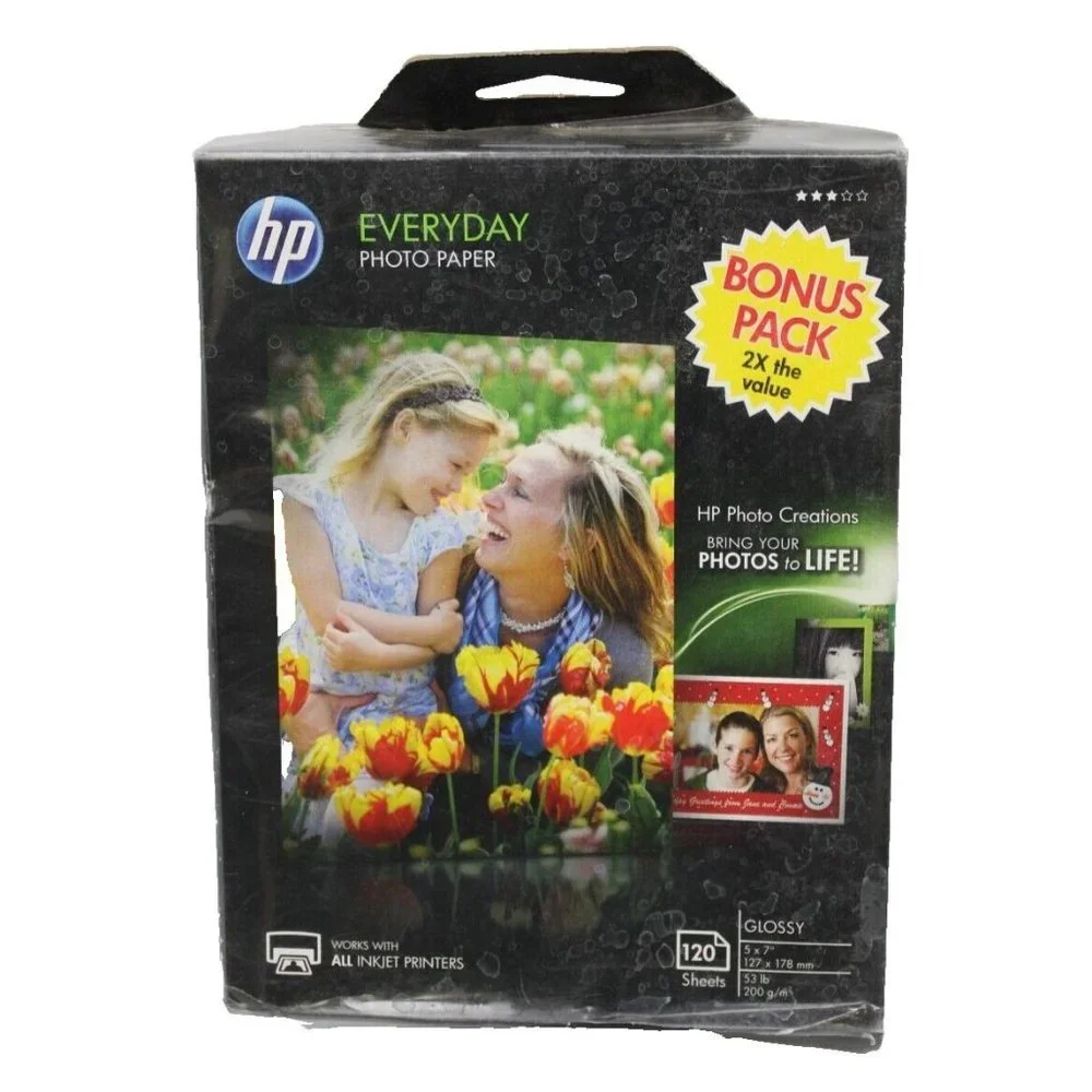 New HP Genuine Everyday Photo Paper Sealed 120 Sheets 5x7 Glossy Bonus Pack